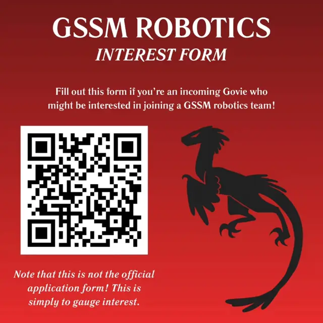 Instagram post from May 12, 2026: Future Govies, if you're interested in joining a GSSM Robotics for the 2026-2027 season please scan…